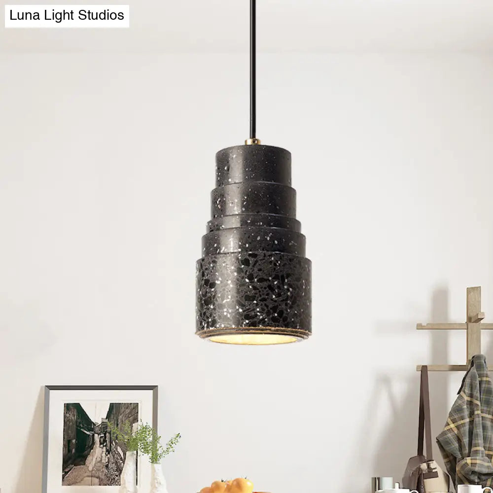 Nordic Terrazzo 1-Light Bedside Pendant Lamp In Black - Tiered Tube Hanging Lighting