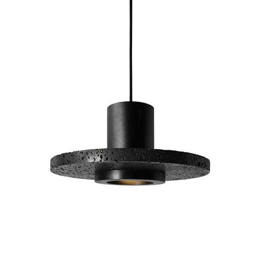 Terrazzo Single-Bulb Black Hat Hanging Lamp - Flat Round Ceiling Lighting With Simplicity / 11’