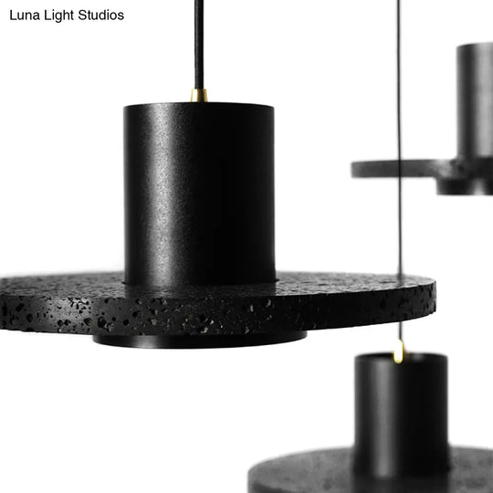 Terrazzo Single-Bulb Black Hat Hanging Lamp - Flat Round Ceiling Lighting With Simplicity