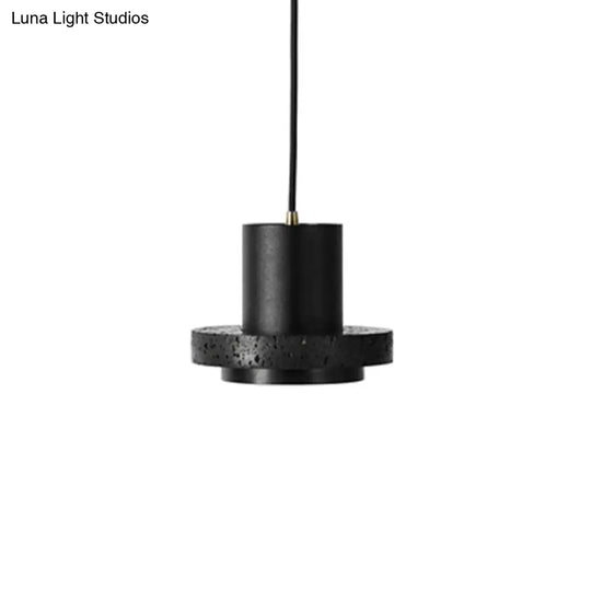 Terrazzo Single-Bulb Black Hat Hanging Lamp - Flat Round Ceiling Lighting With Simplicity