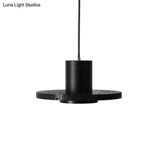 Terrazzo Single-Bulb Black Hat Hanging Lamp - Flat Round Ceiling Lighting With Simplicity