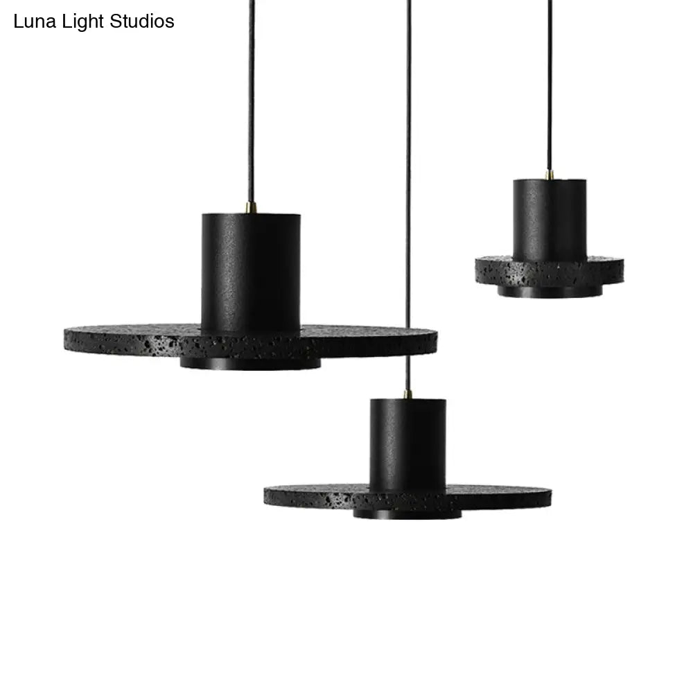 Terrazzo Single-Bulb Black Hat Hanging Lamp - Flat Round Ceiling Lighting With Simplicity