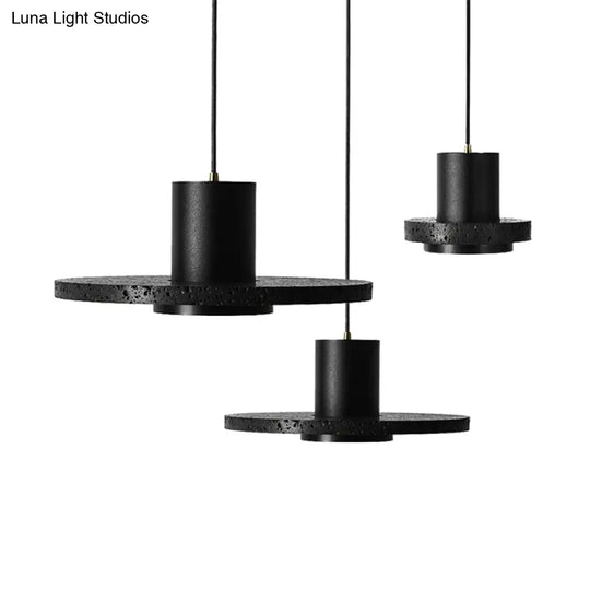 Terrazzo Single-Bulb Black Hat Hanging Lamp - Flat Round Ceiling Lighting With Simplicity