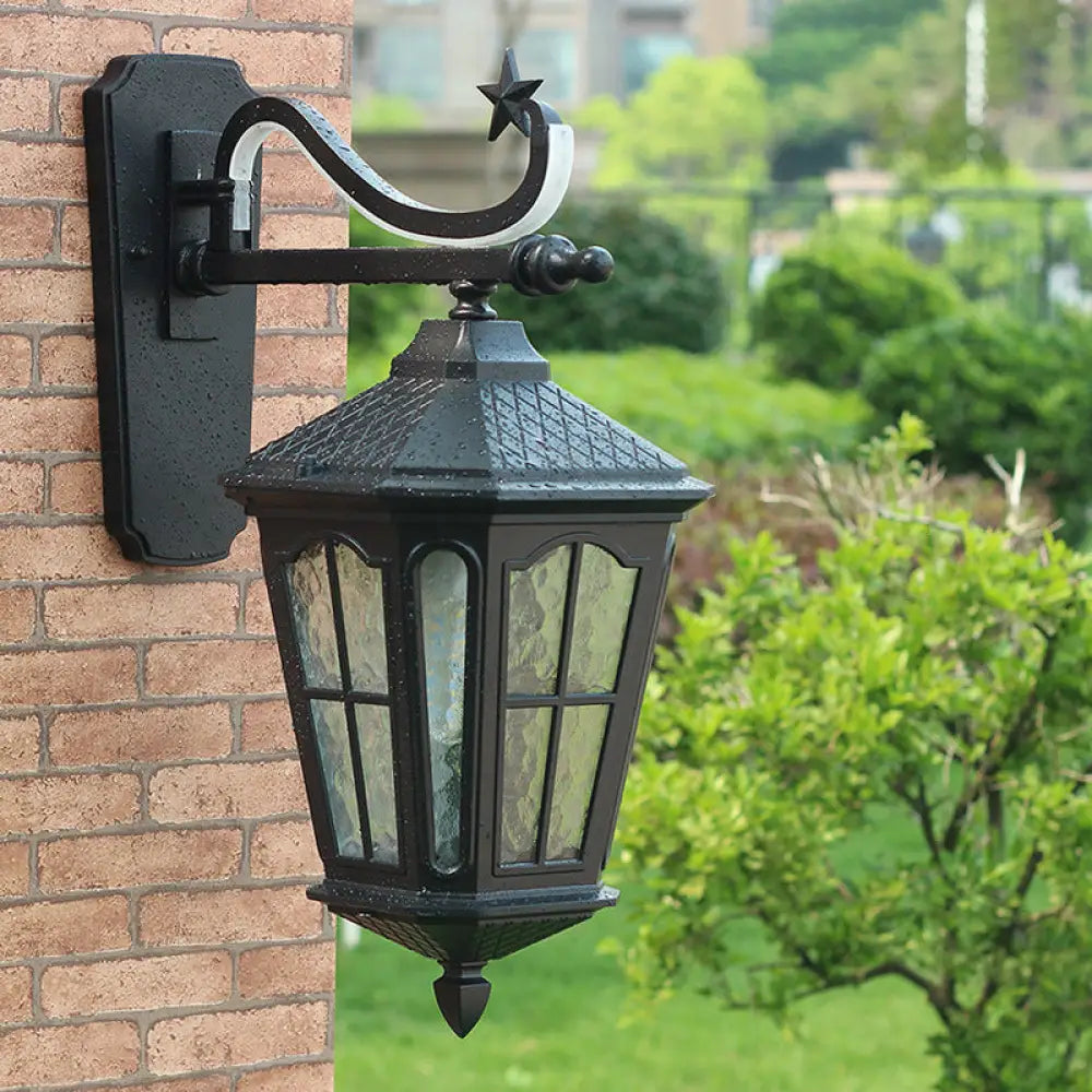 Textured Black Lantern Wall Sconce With Water Glass - Outdoor Mount Lamp (1 Light 9 Or 13 Width) /