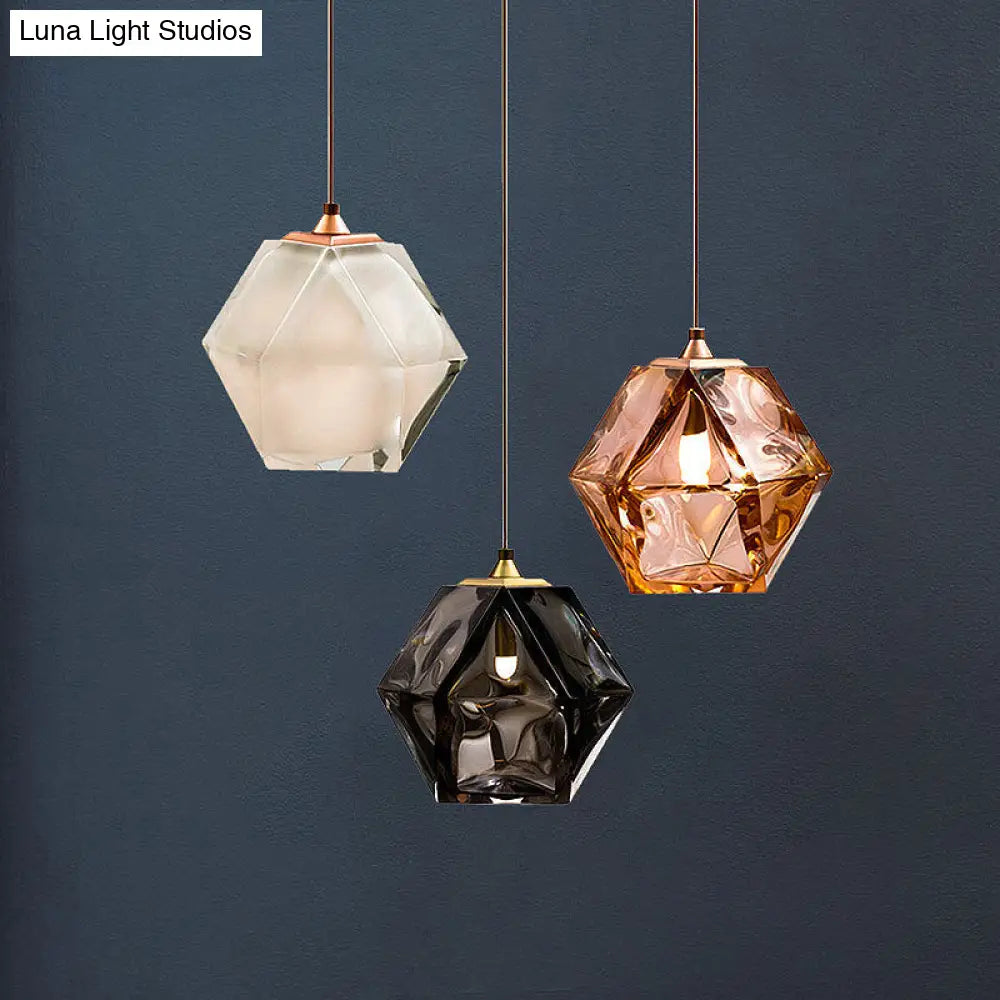 Textured Diamond Suspension Pendant Lamp - White/Amber/Smoke Glass Modern Led Hanging Light For