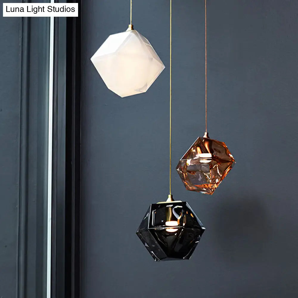 Modern Diamond Suspension Pendant Lamp With Textured White/Amber/Smoke Glass Led Hanging Light