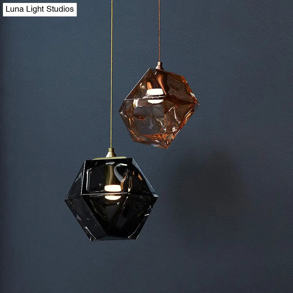 Modern Diamond Suspension Pendant Lamp With Textured White/Amber/Smoke Glass Led Hanging Light