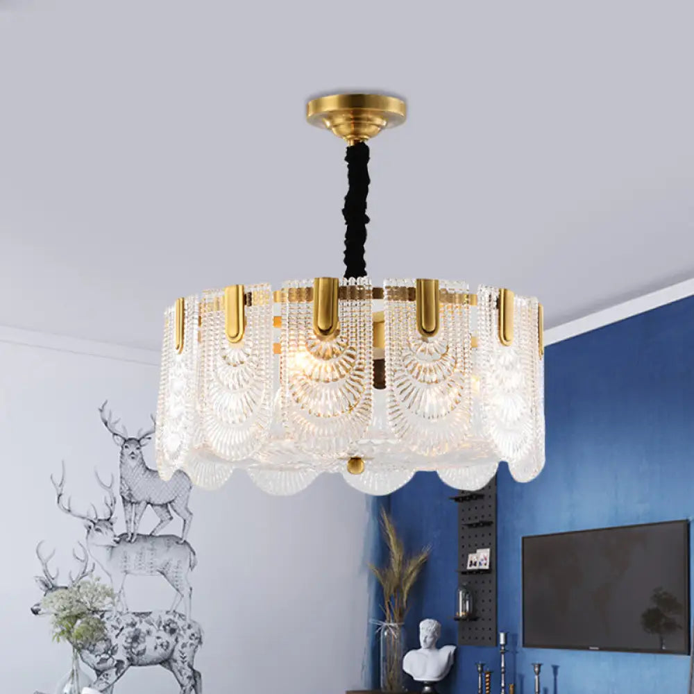 Textured Glass Layered Ceiling Light - Modern Brass Chandelier With 3/8 Lights 3 /