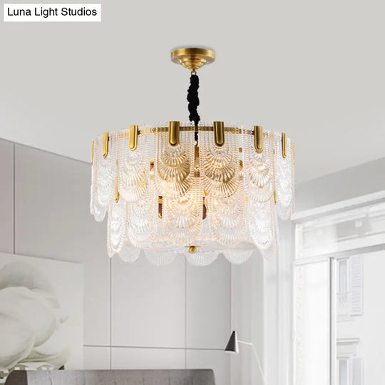 Textured Glass Layered Ceiling Light - Modern Brass Chandelier With 3/8 Lights