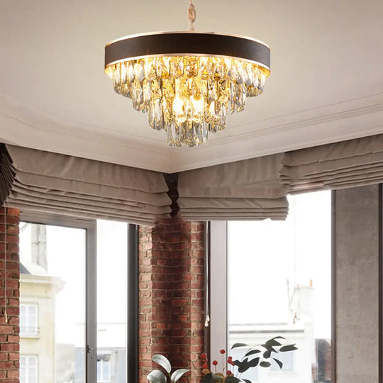 Tiered Crystal Block Chandelier - Black-Gold Pendant Light Fixture With 9/12 Lights