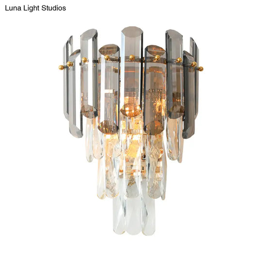 Tiered Crystal Wall Sconce - Modernist Clear & Smoke Gray Lighting Fixture