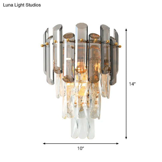 Tiered Crystal Wall Sconce - Modernist Clear & Smoke Gray Lighting Fixture