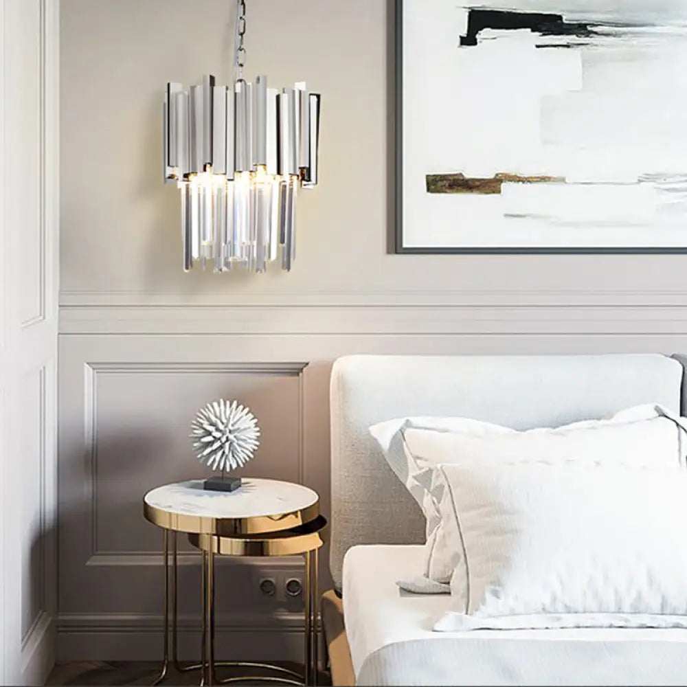 Tiered Pendant Light With Crystal Block In Chrome/Gold - Modern Metal Ceiling Lighting (3 Lights)