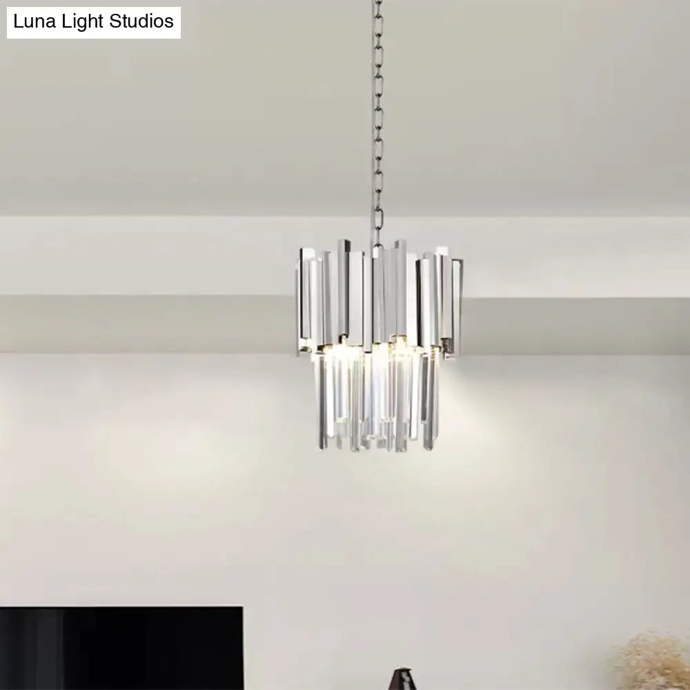 Modern Tiered Pendant Light With Crystal Blocks In Chrome/Gold - 3-Light Metal Hanging Ceiling