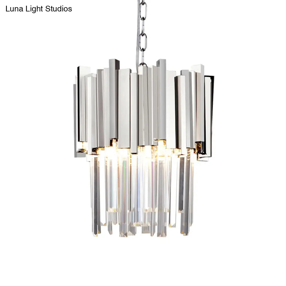 Tiered Pendant Light With Crystal Block In Chrome/Gold - Modern Metal Ceiling Lighting (3 Lights)