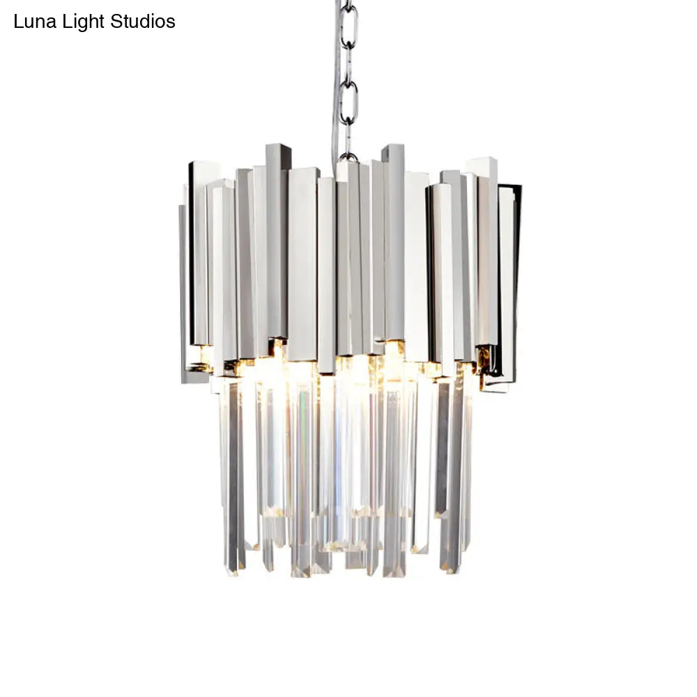 Modern Tiered Pendant Light With Crystal Blocks In Chrome/Gold - 3-Light Metal Hanging Ceiling