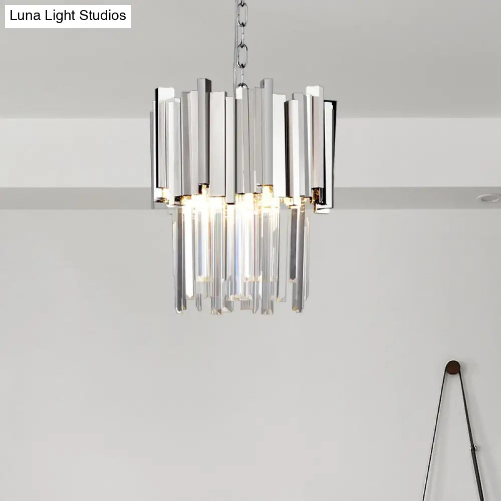 Tiered Pendant Light With Crystal Block In Chrome/Gold - Modern Metal Ceiling Lighting (3 Lights)