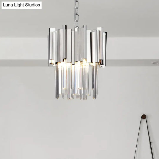 Tiered Pendant Light With Crystal Block In Chrome/Gold - Modern Metal Ceiling Lighting (3 Lights)