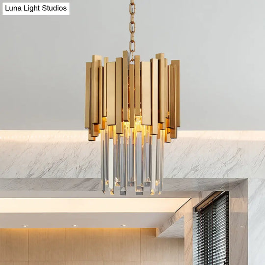 Modern Tiered Pendant Light With Crystal Blocks In Chrome/Gold - 3-Light Metal Hanging Ceiling