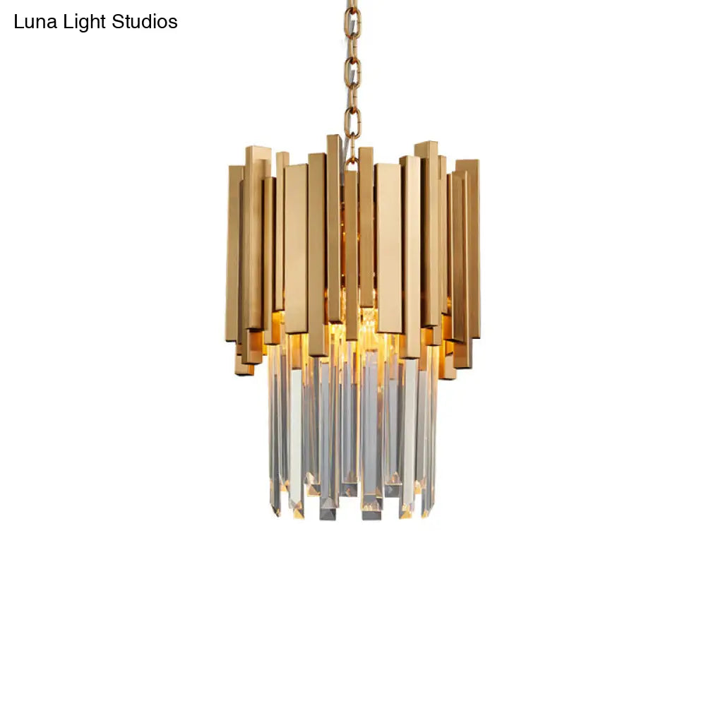 Tiered Pendant Light With Crystal Block In Chrome/Gold - Modern Metal Ceiling Lighting (3 Lights)