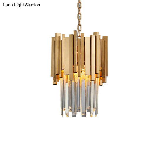 Tiered Pendant Light With Crystal Block In Chrome/Gold - Modern Metal Ceiling Lighting (3 Lights)