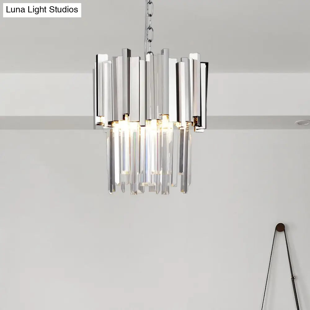 Modern Tiered Pendant Light With Crystal Blocks In Chrome/Gold - 3-Light Metal Hanging Ceiling