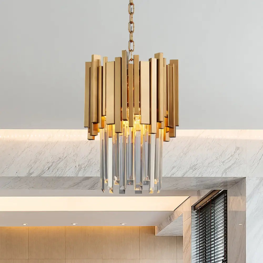 Tiered Pendant Light With Crystal Block In Chrome/Gold - Modern Metal Ceiling Lighting (3 Lights)