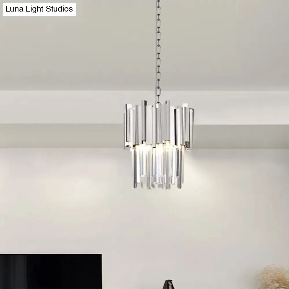 Tiered Pendant Light With Crystal Block In Chrome/Gold - Modern Metal Ceiling Lighting (3 Lights)