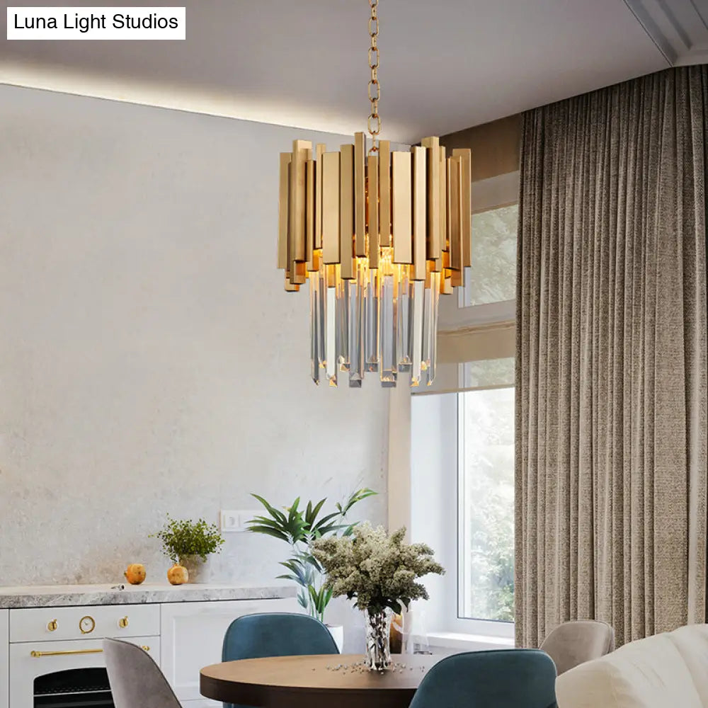 Modern Tiered Pendant Light With Crystal Blocks In Chrome/Gold - 3-Light Metal Hanging Ceiling