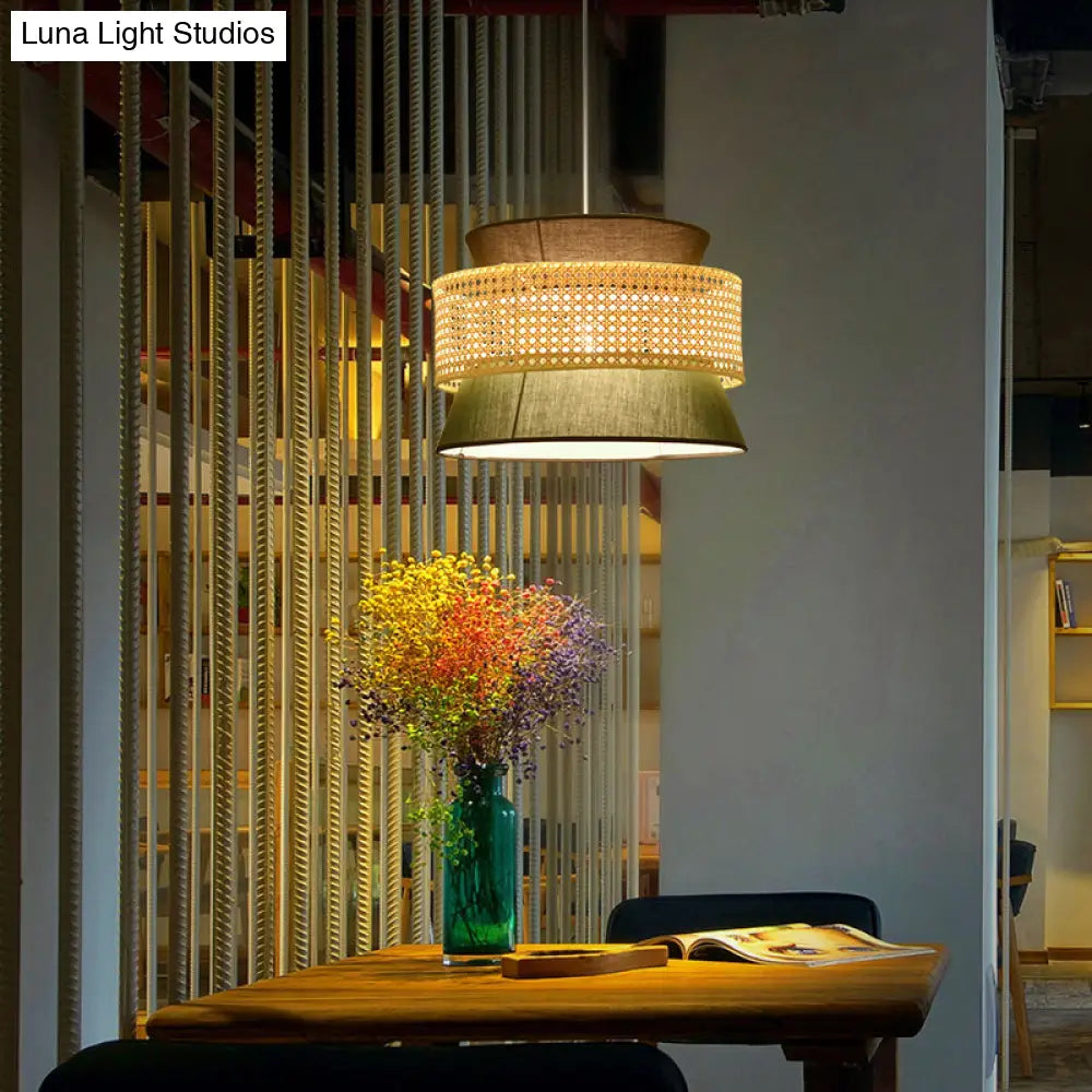 Tiered Rattan Suspension Light Simplicity Single Black / Green Pendant Fixture