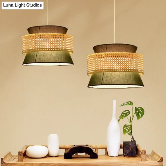 Tiered Rattan Suspension Light Simplicity Single Black / Green Pendant Fixture