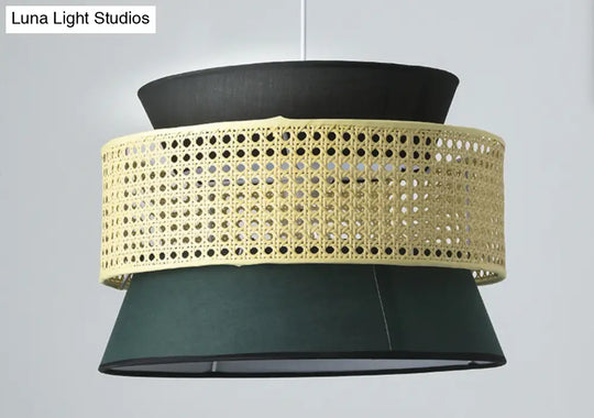 Tiered Rattan Suspension Light Simplicity Single Black / Green Pendant Fixture