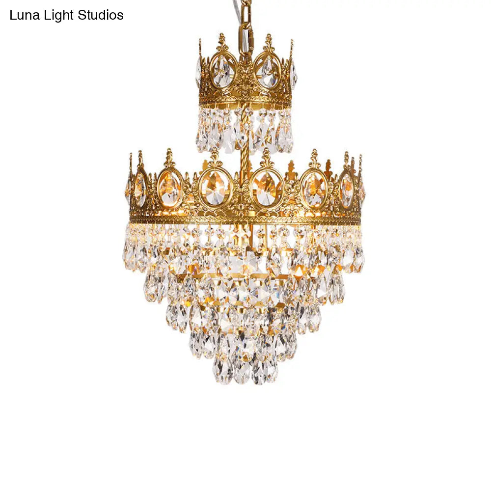 Tiered Tapered Chandelier - Clear Teardrop Crystal Hanging Lamp With Gold Crown Top 3-Light