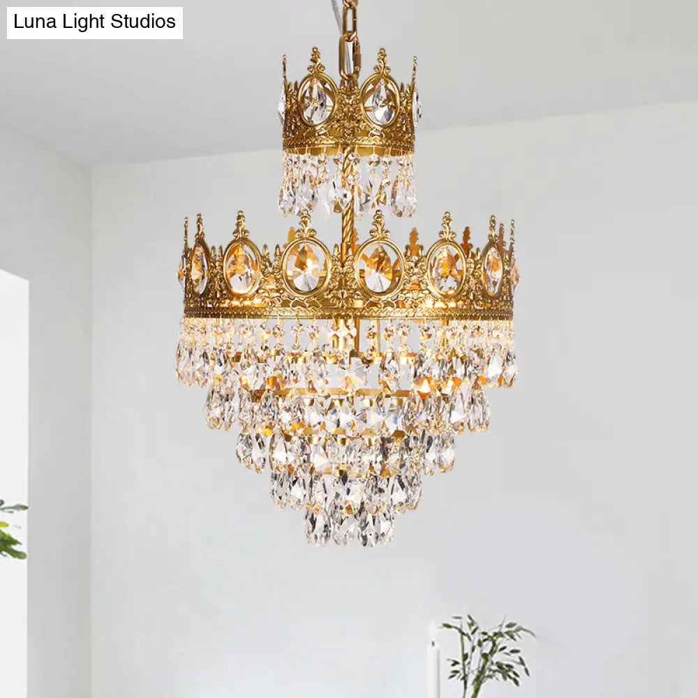 Tiered Tapered Chandelier - Clear Teardrop Crystal Hanging Lamp With Gold Crown Top 3-Light