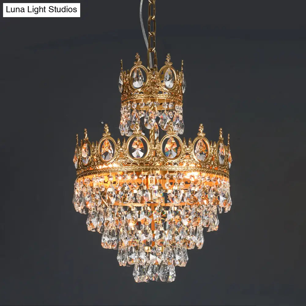 Tiered Tapered Chandelier With Clear Teardrop Crystals - Traditional Style Gold Crown Top