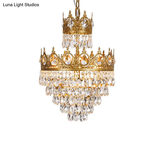 Tiered Tapered Chandelier With Clear Teardrop Crystals - Traditional Style Gold Crown Top