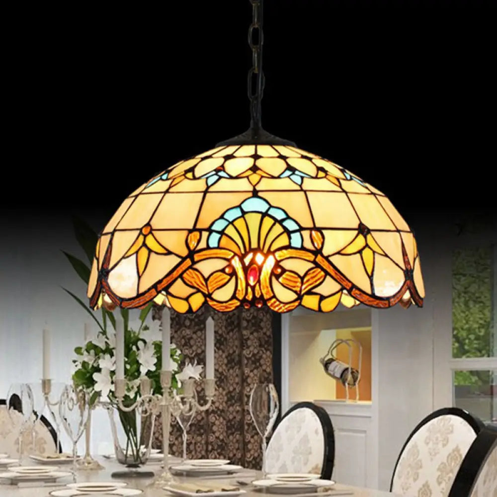 Tiffany 1-Light Beige Stained Glass Dome Pendant – Elegant Suspension Lighting For Dining Room