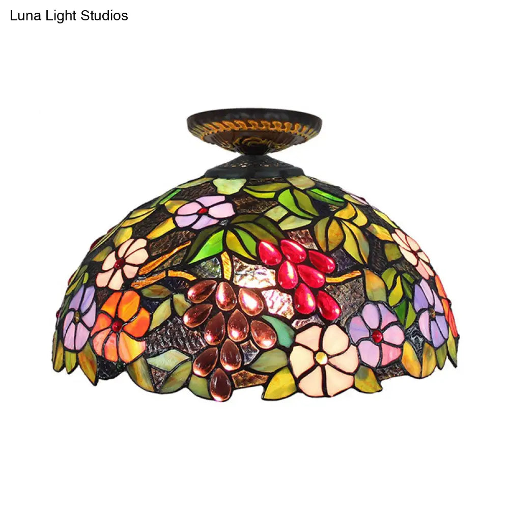 Tiffany 1-Light Stained Glass Blossom Ceiling Lamp- Brass Flushmount 12’/16’ Width