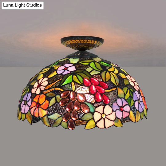 Tiffany 1-Light Stained Glass Blossom Ceiling Lamp- Brass Flushmount 12/16 Width