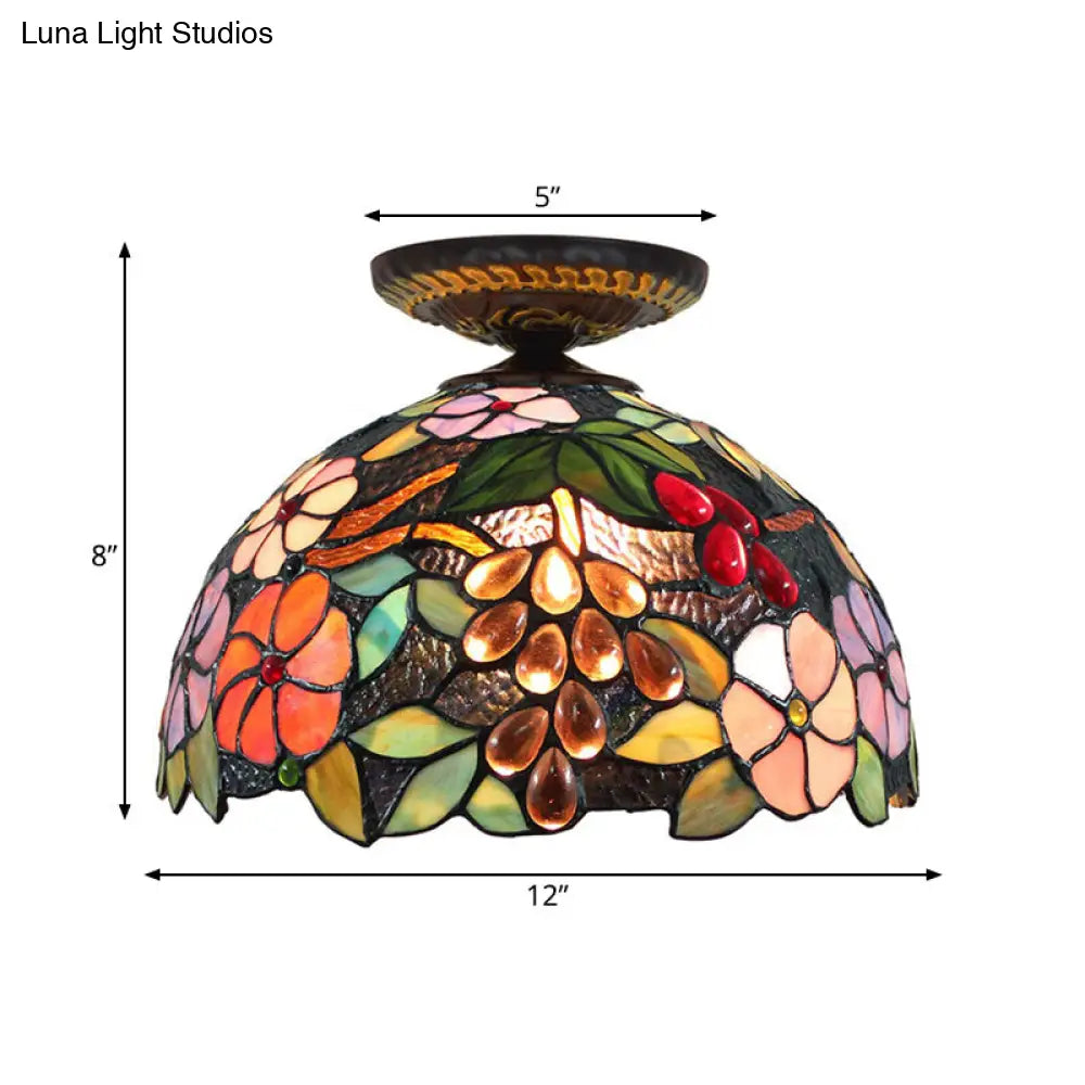 Tiffany 1-Light Stained Glass Blossom Ceiling Lamp- Brass Flushmount 12/16 Width