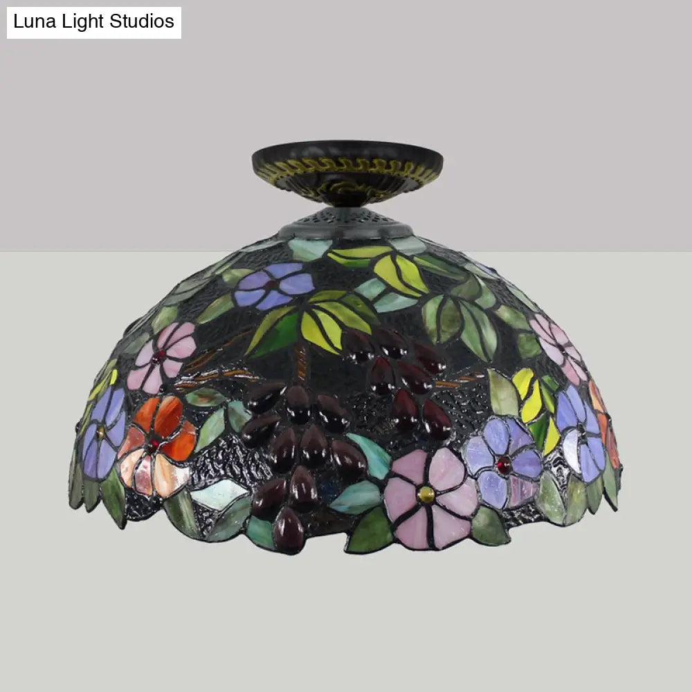 Tiffany 1-Light Stained Glass Blossom Ceiling Lamp- Brass Flushmount 12’/16’ Width