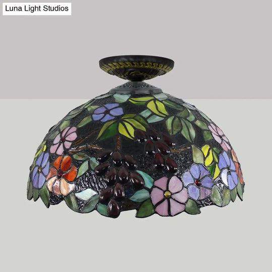 Tiffany 1-Light Stained Glass Blossom Ceiling Lamp- Brass Flushmount 12’/16’ Width