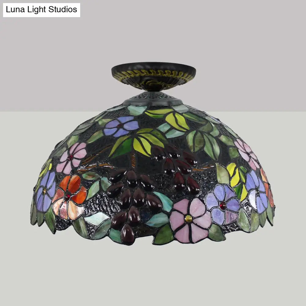 Tiffany 1-Light Stained Glass Blossom Ceiling Lamp- Brass Flushmount 12/16 Width