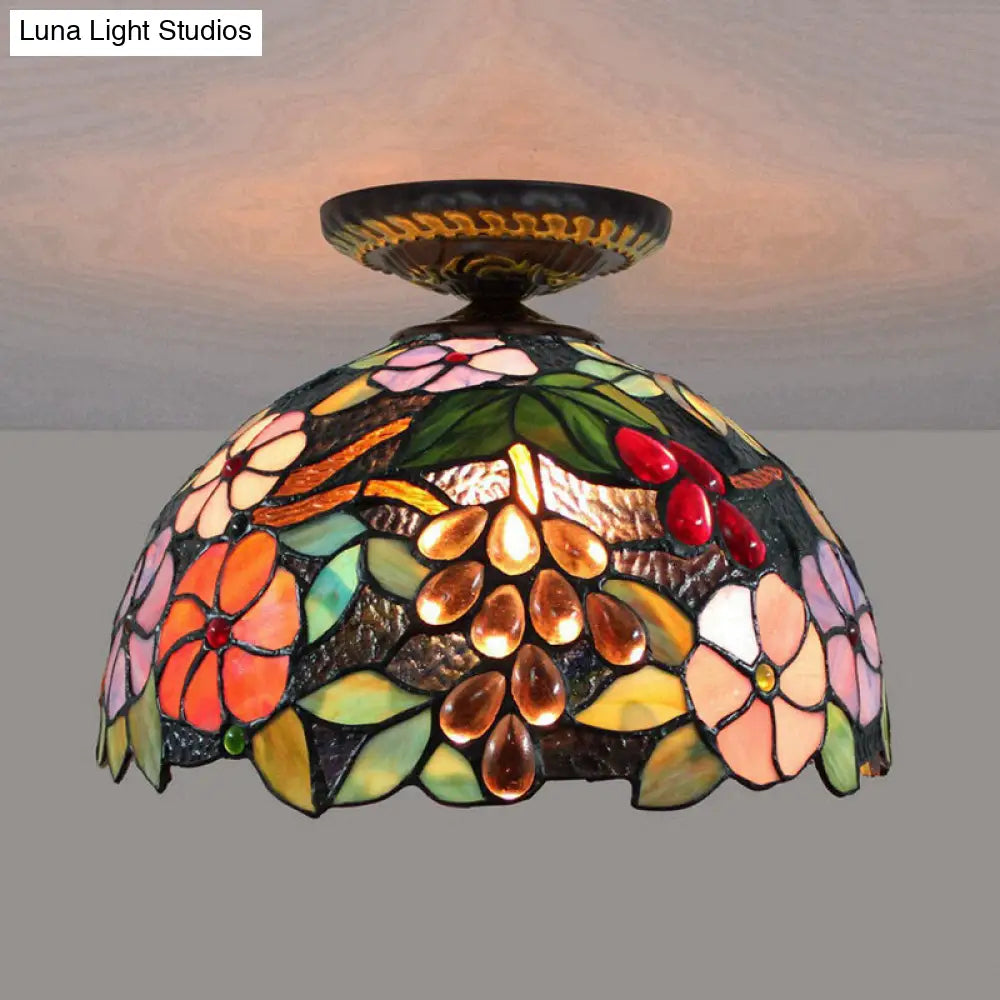 Tiffany 1-Light Stained Glass Blossom Ceiling Lamp- Brass Flushmount 12/16 Width