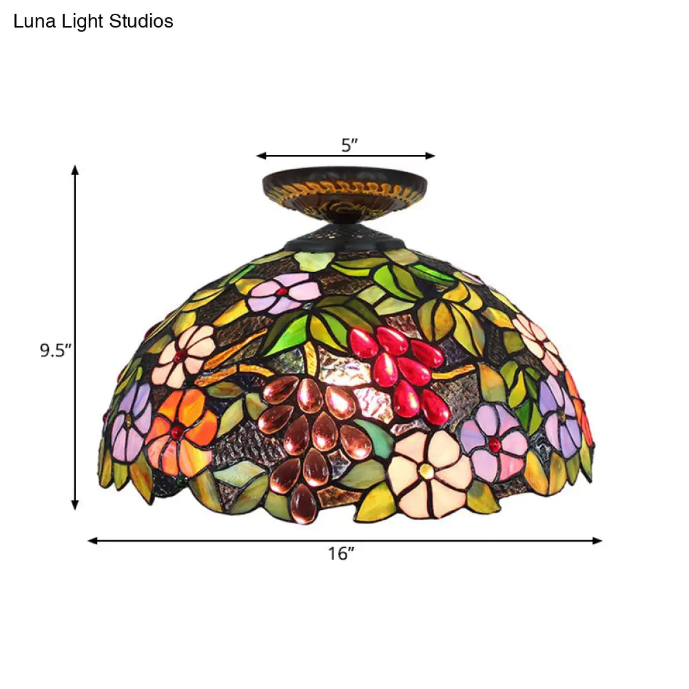 Tiffany 1-Light Stained Glass Blossom Ceiling Lamp- Brass Flushmount 12/16 Width