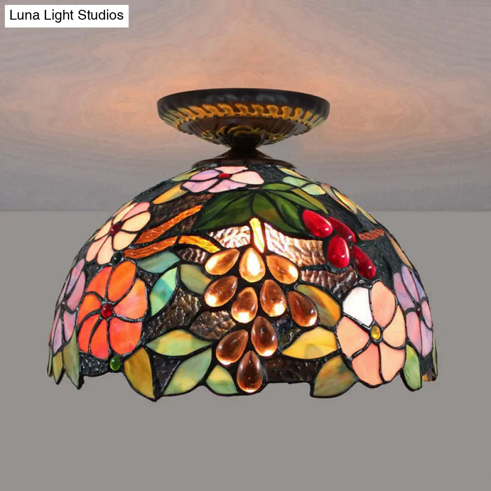 Tiffany 1-Light Stained Glass Blossom Ceiling Lamp- Brass Flushmount 12’/16’ Width