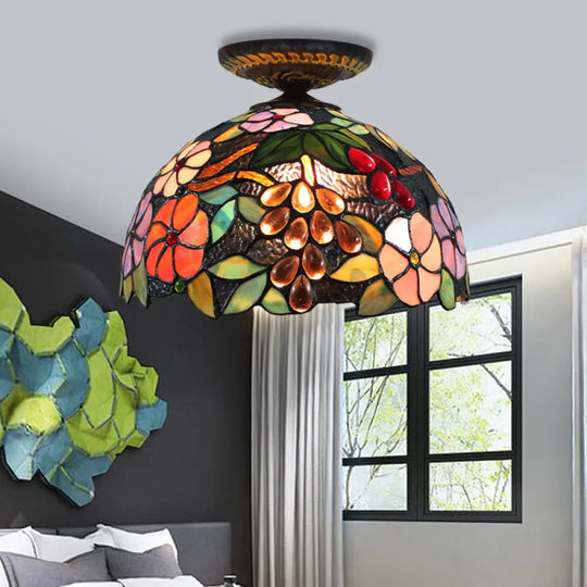 Tiffany 1-Light Stained Glass Blossom Ceiling Lamp- Brass Flushmount 12’/16’ Width / 12’