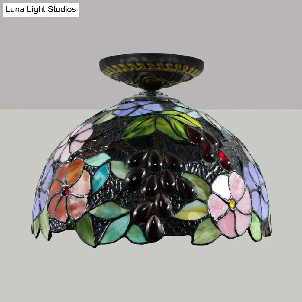 Tiffany 1-Light Stained Glass Blossom Ceiling Lamp- Brass Flushmount 12/16 Width