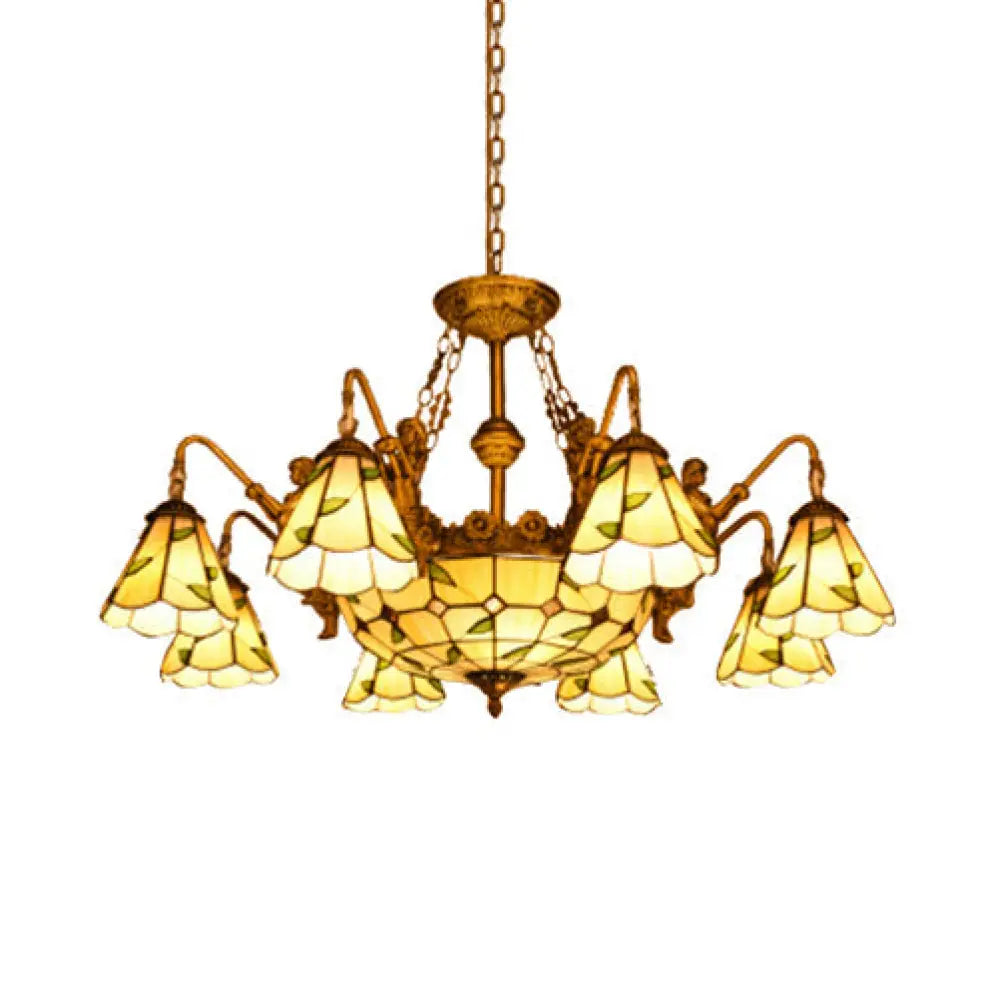 Tiffany 11-Light Stained Glass Cone Chandelier With Yellow Pendant