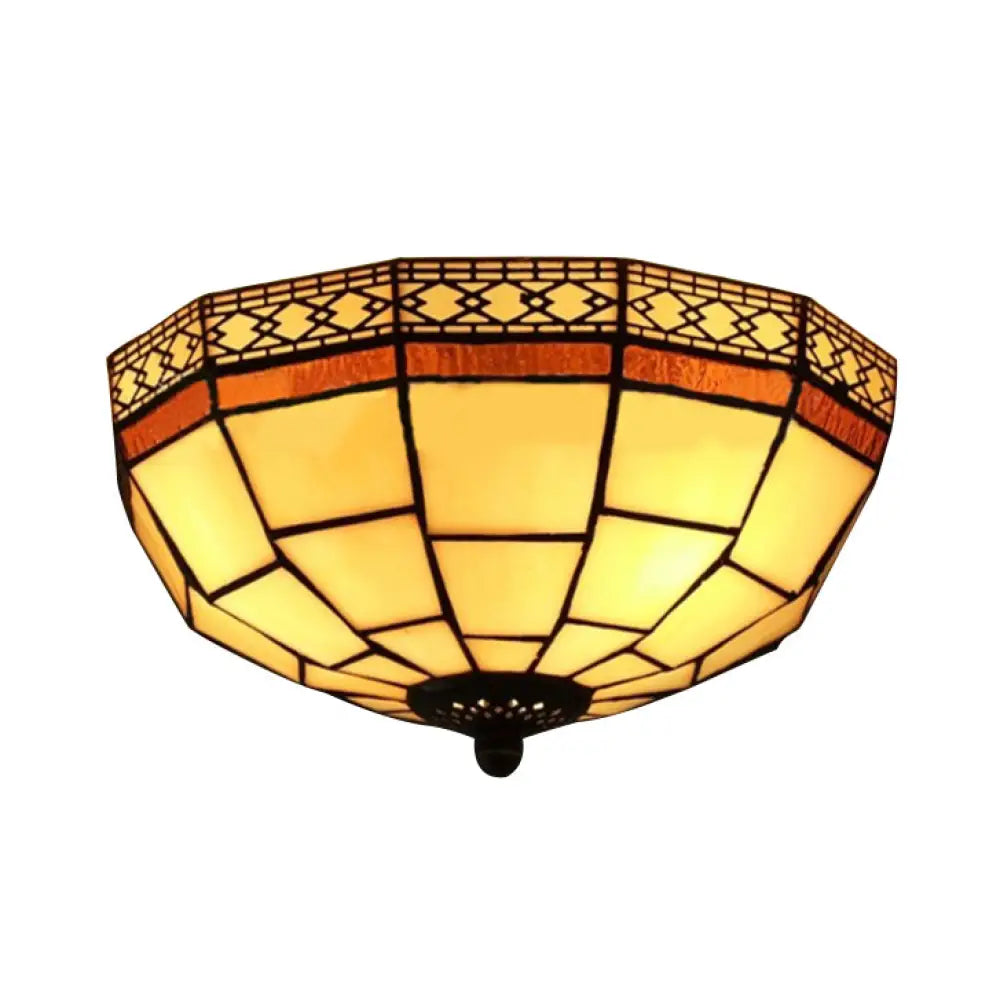 Tiffany 2-Light Beige Flush Mount Ceiling Light With Art Glass Dome Shade For Bedroom